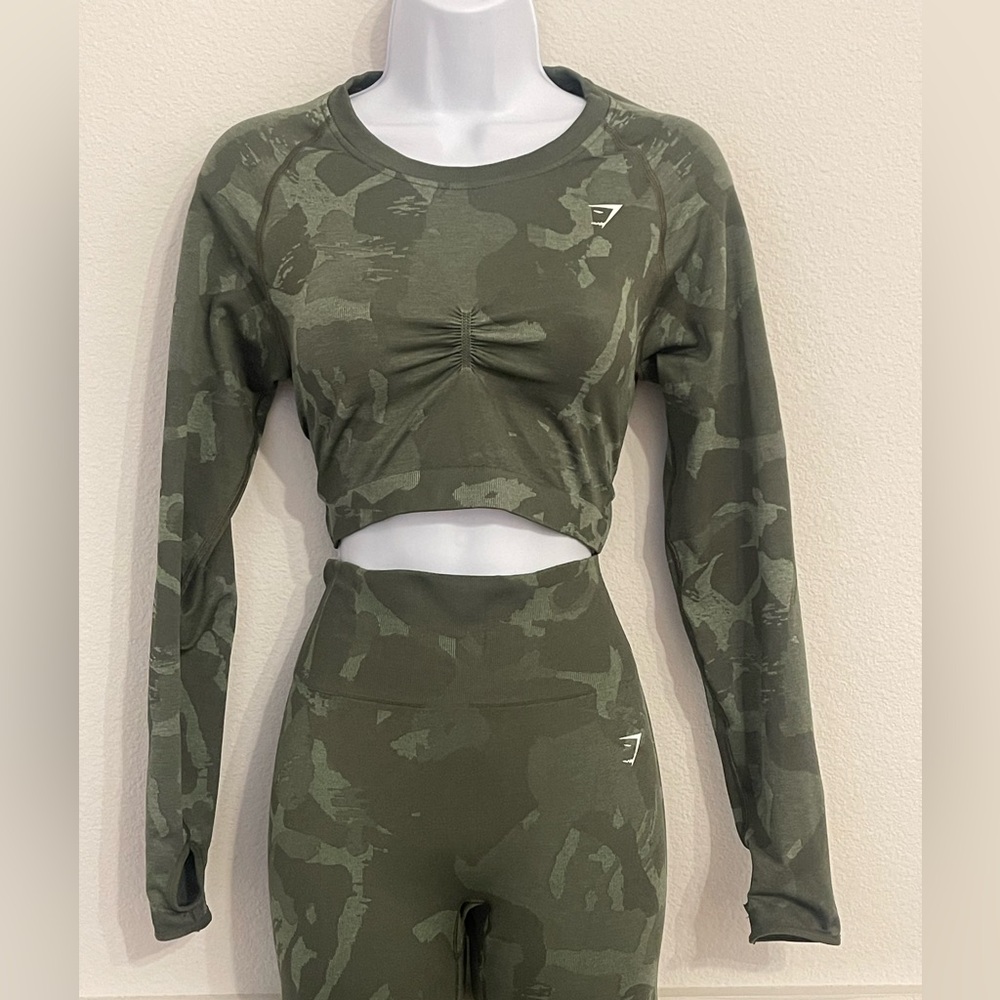 GymShark Green Camo Pattern Long Sleeve, Sports Bra and Leggings Set
